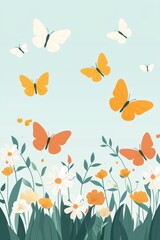 Cheerful Flat Design of Butterflies and Flowers on a Grassland Scene