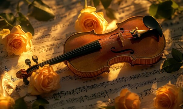 Close-up of roses and a violin on music sheets