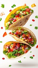 Stack of Three Delicious Tacos with Fresh Ingredients Floating on a Clean White Background