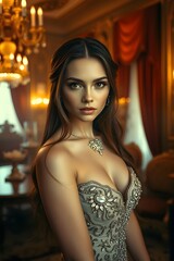 Fototapeta premium A stunningly beautiful and elegant Russian woman with long, flowing hair 