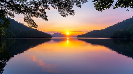 Obraz premium Serene Sunset Over Tranquil Lake Surrounded by Majestic Mountains and Lush Greenery Rest rejuvenation recovery