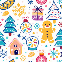 Festive Christmas seamless pattern with trees, gingerbread man, gifts, snowflakes, and houses.