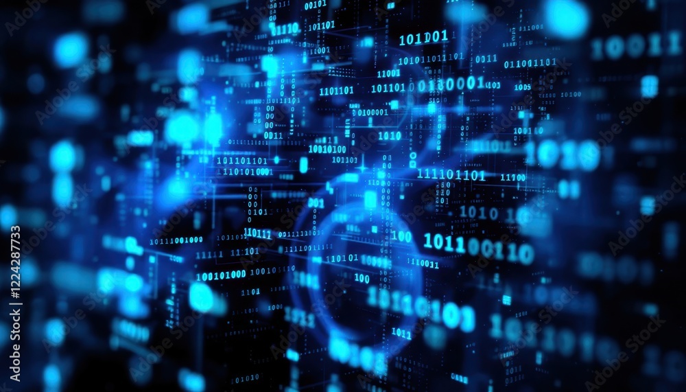 Poster futuristic digital data stream with glowing blue binary code