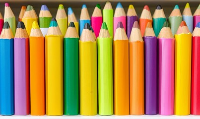 Colorful pencils lined up on shelf, ready for creative projects, education, or art