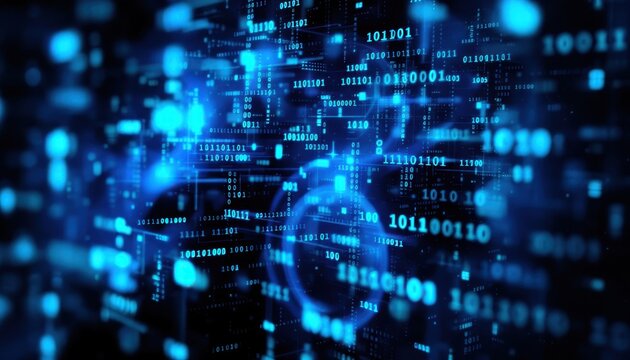 Futuristic digital data stream with glowing blue binary code
