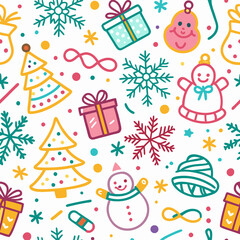 Naklejka premium Colorful Christmas seamless pattern with presents, trees, snowflakes, and snowman.