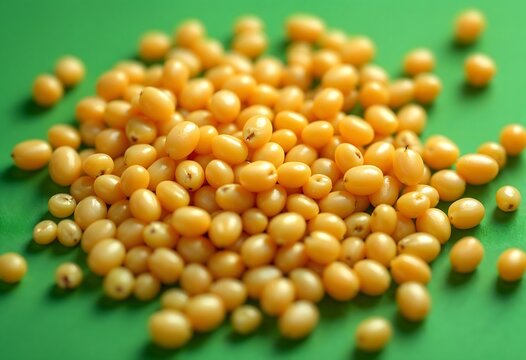 Close-up of a Pile of Ripe, Golden Sea Buckthorn Berries on a Green Background. A Macro Shot Showcasing the Rich, Vibrant Color and Detailed Texture of the Small, Juicy Berries. The Image Evokes Sensa