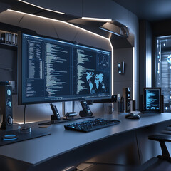 Fototapeta premium A futuristic home office with sleek furniture, a large monitor displaying coding scripts, and smart home devices integrated into the setup, creating an efficient, tech-savvy workspace. 