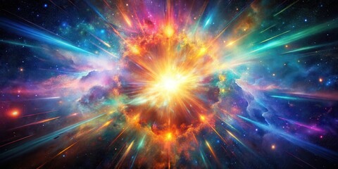 Naklejka premium Celestial explosion of vibrant hues radiating through darkness, energetic, cosmic energy