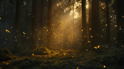 Fototapeta premium A misty forest clearing at sunrise, with golden sunlight streaming through the trees, soft moss-covered ground, and faint glowing fireflies hovering in the air.