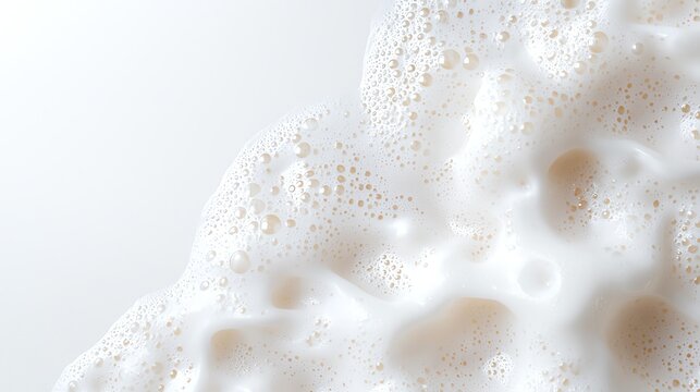 Close-up of frothy milk foam with creamy bubbles creating a textured pattern against a white background.
