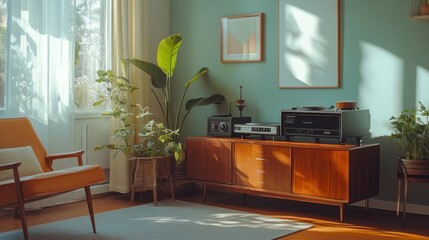A Mid-Century Modern living room with vintage audio equipment and natural light streaming in