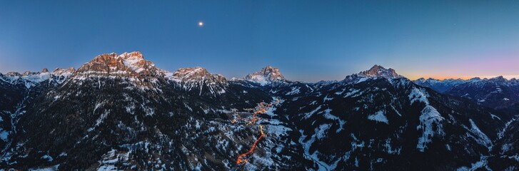 Aerial drone panorama of the Pescul, human settlement, in Italy
