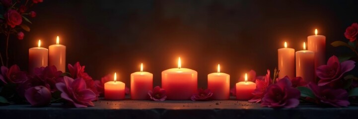 Softly glowing candles surround a memorial altar, darkness, memorial, reverence