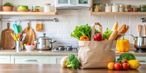 A grocery bag sits on a kitchen counter, filled with fruit and vegetables, amidst a colorful array of kitchen utensils and appliances, fresh produce, grocery shopping