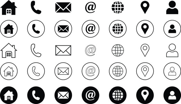 Business icon for company. Web icon set. Phone, name, website, address, location and mail logo symbol sign pack. Contact information icons for business cards. line art icons.