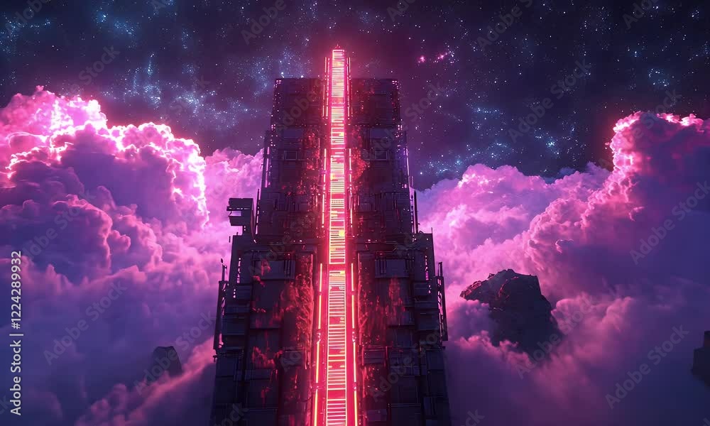 Poster neon cloud tower futuristic structure glowing amidst cosmic clouds, potential game background