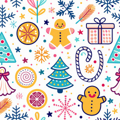 Naklejka premium Festive Christmas seamless pattern with gingerbread men, trees, snowflakes, and gifts. (2)