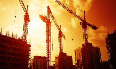Construction cranes silhouetted against a vibrant sunset, building new city structures