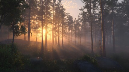 Fototapeta premium Misty sunrise over serene forest landscape nature photography tranquil environment early morning viewpoint