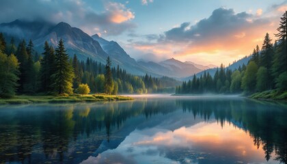Serene lake at sunrise with majestic mountains and lush forest reflections
