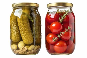 A photo of two glass jars contains red tomatoes, and  green pickles