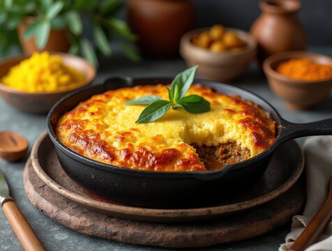 Deliciously presented South African bobotie on rustic serving dish