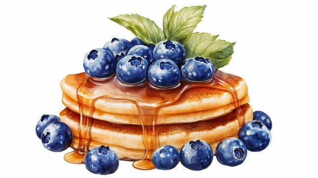 Stacked pancakes topped with fresh blueberries, syrup, decorated with green mint leaves. Breakfast, food photography for recipe blogs, morning meal promotions. Freshness. Indulgence in simple pleasure