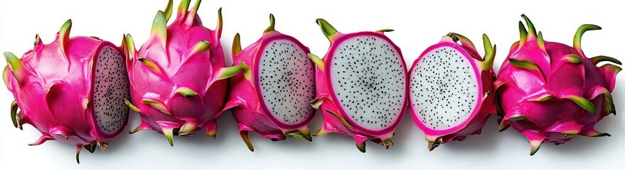 Fresh Whole Half and Sliced Dragon Fruit Pitahaya Vibrant Tropical Cactus Fruit Set