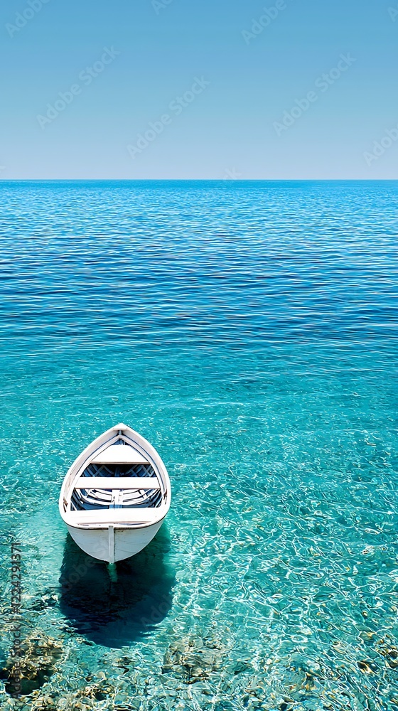 Wall mural tranquil scene of a single rowboat floating on clear blue ocean waters under bright sky awareness st