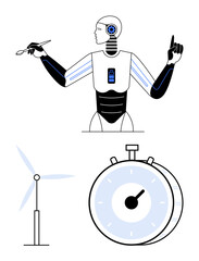 Futuristic robot with tools, wind turbine, and stopwatch represents technology, energy innovation, time management, productivity, robotics, renewable solutions and precision. Ideal for themes of AI