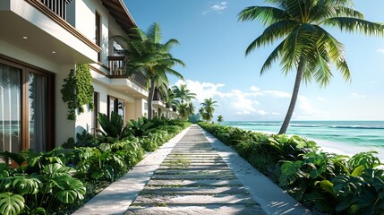 Fototapeta premium A tranquil beachfront path lined with tropical palm trees and lush greenery, leading to ocean views on a sunny day.