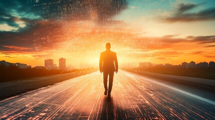 Man walking towards bright future on highway at sunset.