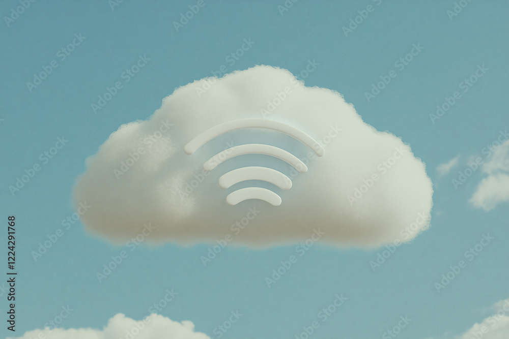 Poster cloud computing: abstract concept of cloud computing with a white 3d wifi symbol embedded in a fluff