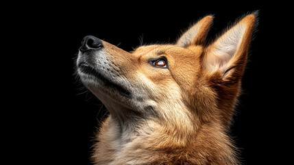 Close-Up Profile of a Dog with Alert Expression Against Black Background