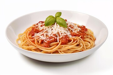 Spaghetti Bolognese with Parmesan and Fresh Basil. Spaghetti bolognese with rich sauce, classic pasta dish. Flavor. Tradition. Classic Italian Dish.