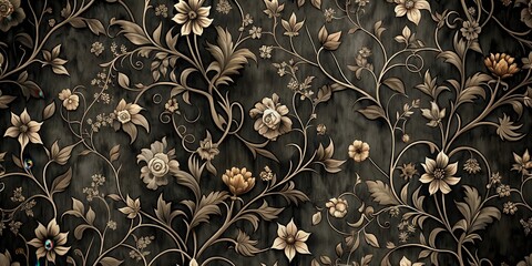 Decorative Gothic style black calligraphy floral pattern wallpaper with intricate vines and flowers in a mysterious and romantic atmosphere , wallpaper, romance