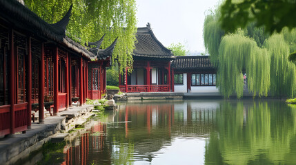 Fototapeta premium Traditional Chinese Garden With Red Pagoda Reflections on Calm Pond in Lush Green Scenic Setting : Generative AI