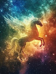 Naklejka premium Celestial Unicorn Ascending Through a Starry Nebula in the Cosmos