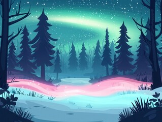 A vibrant forest glowing softly with pastel light waves in pink and turquoise, flowing between snow-covered trees under a radiant aurora in the sky, creating a magical and tranquil winter background 