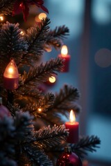 Softly glowing Christmas tree branches at dusk, candlelight ambiance, glow, festive atmosphere
