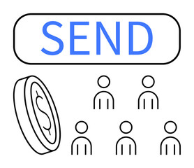 Send button in blue, a coin with dollar sign, six user icons with different designs. Ideal for online transactions, money transfer, digital payments, e-commerce, user interface, finance, business