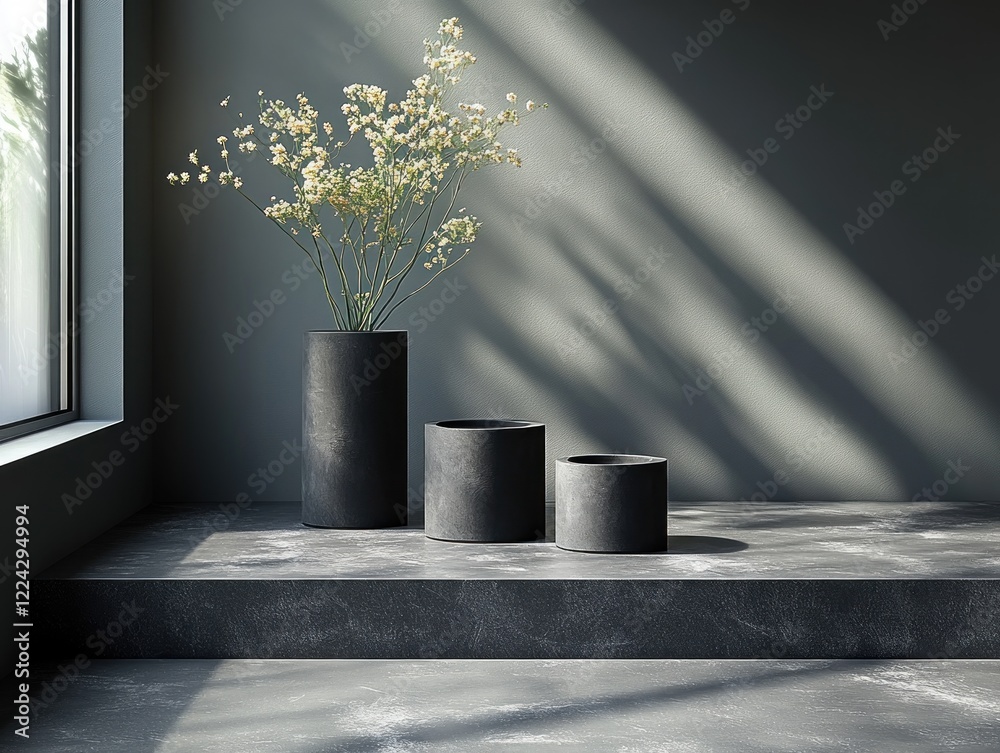 Poster minimalist abstract composition with black cylinders on dark surface for product presentation or adv