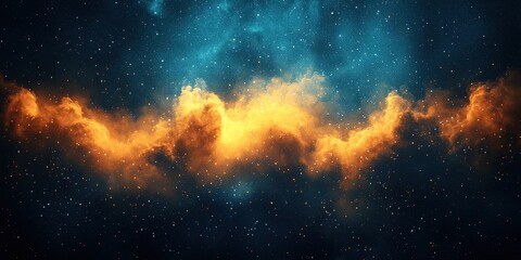 Naklejka premium A celestial scene of golden clouds glowing against a deep blue starry sky, with radiant hues of orange and yellow casting a soft light over a dreamy, cosmic landscape 