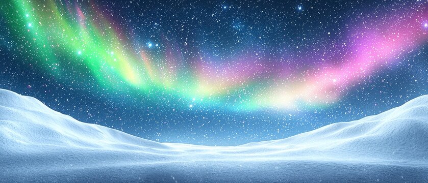 A breathtaking aurora illuminating a snowy landscape with vibrant green, purple, and pink streaks cascading across a clear starry sky, creating a magical and serene atmosphere perfect for a 