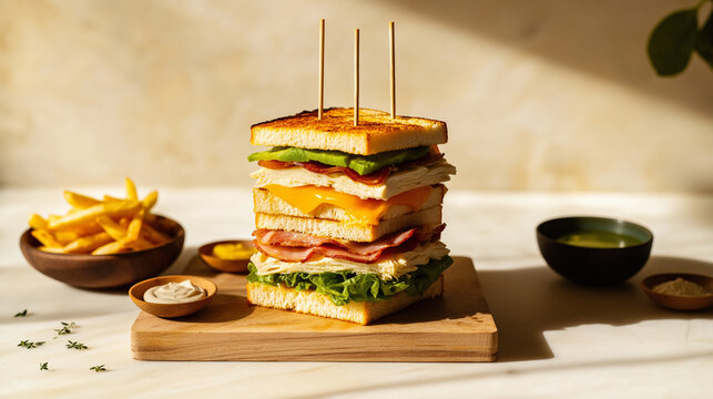 Towering mega sandwiches with chicken, bacon, and cheddar on a rustic board