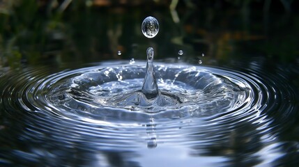 Drop of water makes a perfect splash in a calm pond during a sunny afternoon