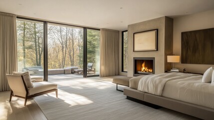 Modern bedroom with fireplace, large windows, and outdoor patio view creating a serene retreat