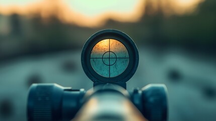 Sniper scope view focusing on target at dusk with blurred background creating depth