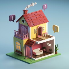 A 3D illustration of a cute house with a red roof, a balcony, and a visible interior.